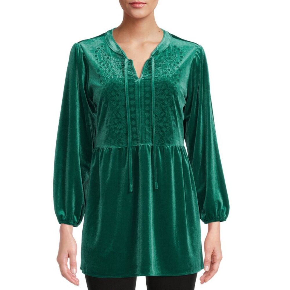 NEW Green Sz XXL Stretch Soft Velvet Embroidered Long Sleeve Shirt PIONEER WOMAN